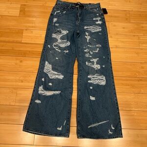 Fashion Nova Dark Blue Distressed Wide Leg Jeans